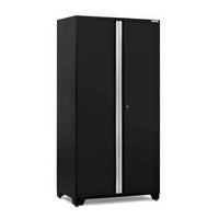 Tall Black Metal Storage Cabinet With Silver Center Handle And Double Doors
