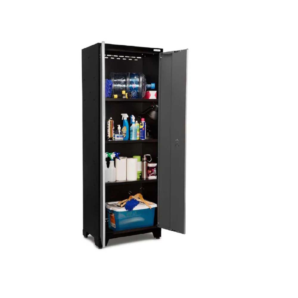 Tall Black Storage Cabinet With One Door Open Revealing Multiple Shelves With Items
