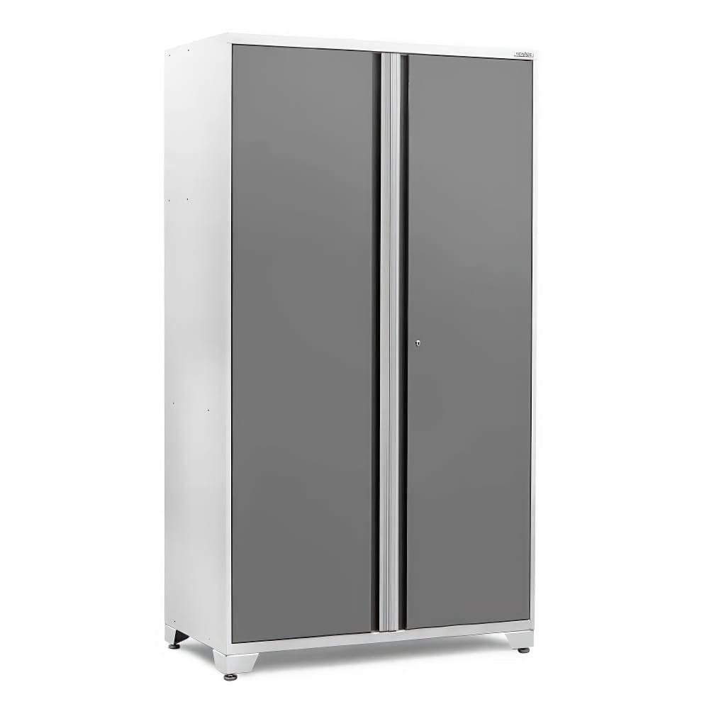 Tall Gray And Silver Cabinet With Dual Locking Doors And A White Frame
