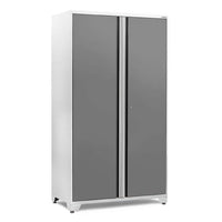 Tall Gray And Silver Cabinet With Dual Locking Doors And A White Frame