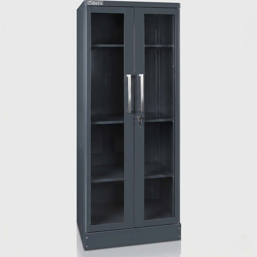 Tall Gray Glass Door Storage Cabinet With Metal Handles Locking Doors And Interior Shelves