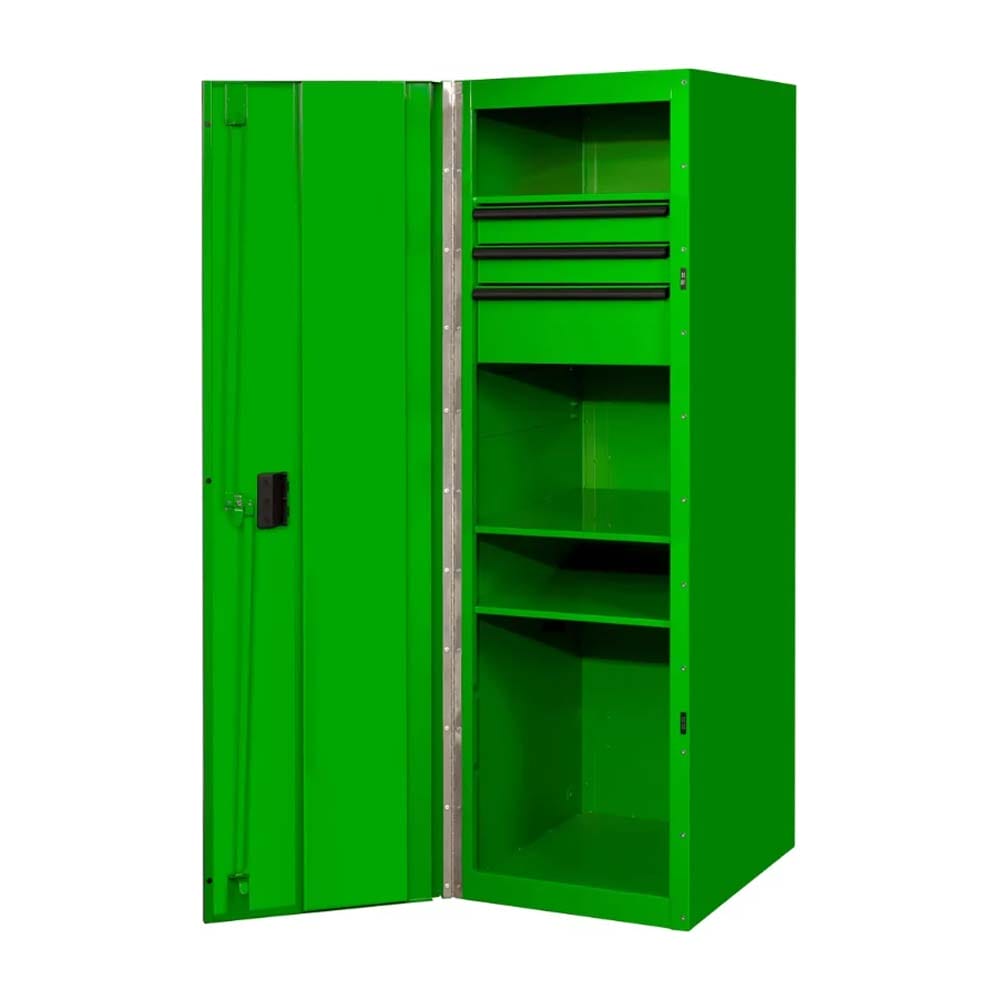 Tall Green Side Locker RX Series By Extreme Tools With Its Door Open, Revealing Three Drawers At The Top And Three Shelves Below