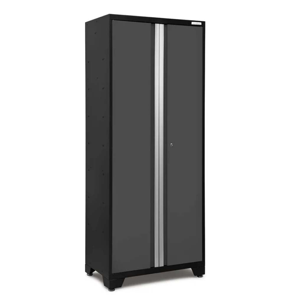 Tall Matte Black Storage Cabinet With Sleek Gray Double Doors And A Central Vertical Metallic Accent Strip 