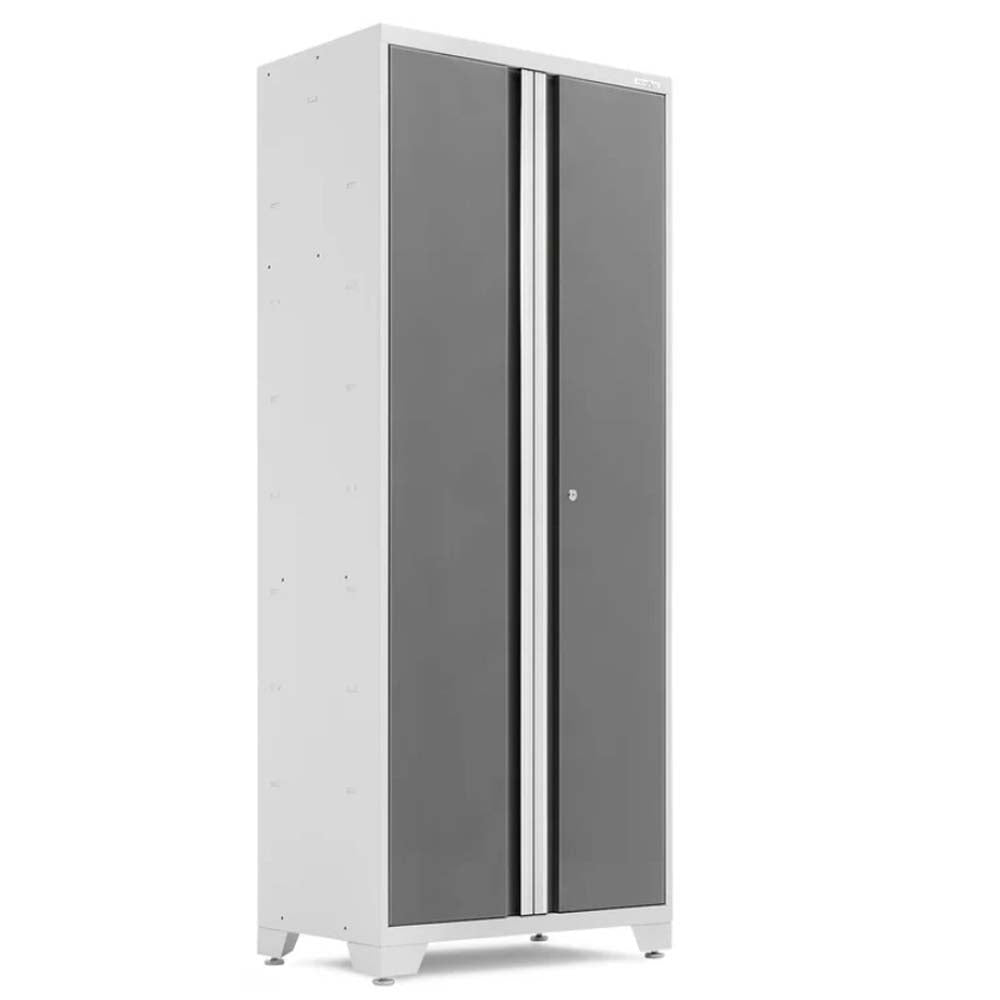 Tall Metal Storage Cabinet With A White Frame Dark Gray Double Doors And A Central Silver Handle Strip