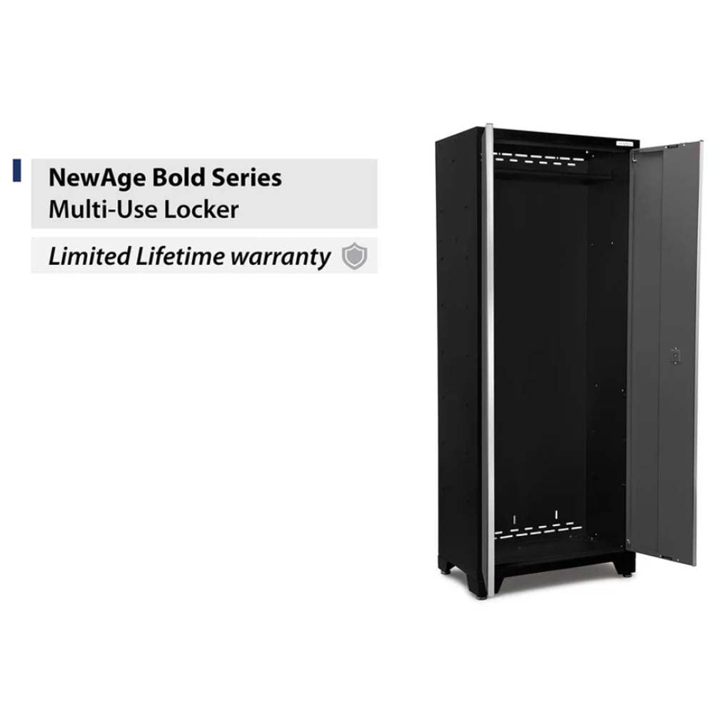 Tall Open Black Locker Cabinet With A Single Closet Rod Near The Top And One Door Fully Swung Open