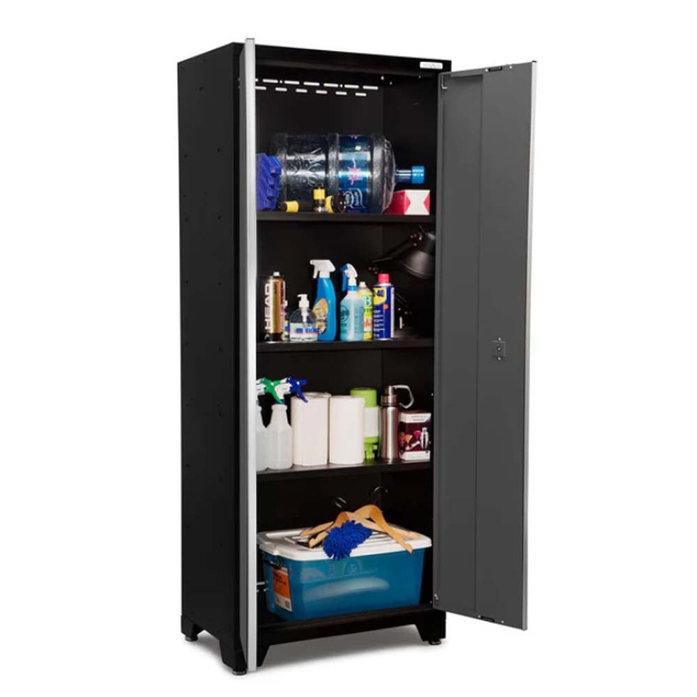 Tall Open Locker Cabinet With One Door Ajar Revealing Clothes Hanging On A Rod Above And Cleaning Supplies And A Blue Storage Bin Neatly Arranged On Two Lower Shelves