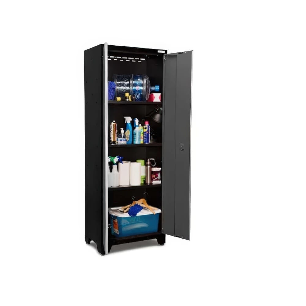 Tall Partially Open Black Cabinet Stocked With Cleaning Supplies Paper Towels A Large Water Jug And Various Household Items