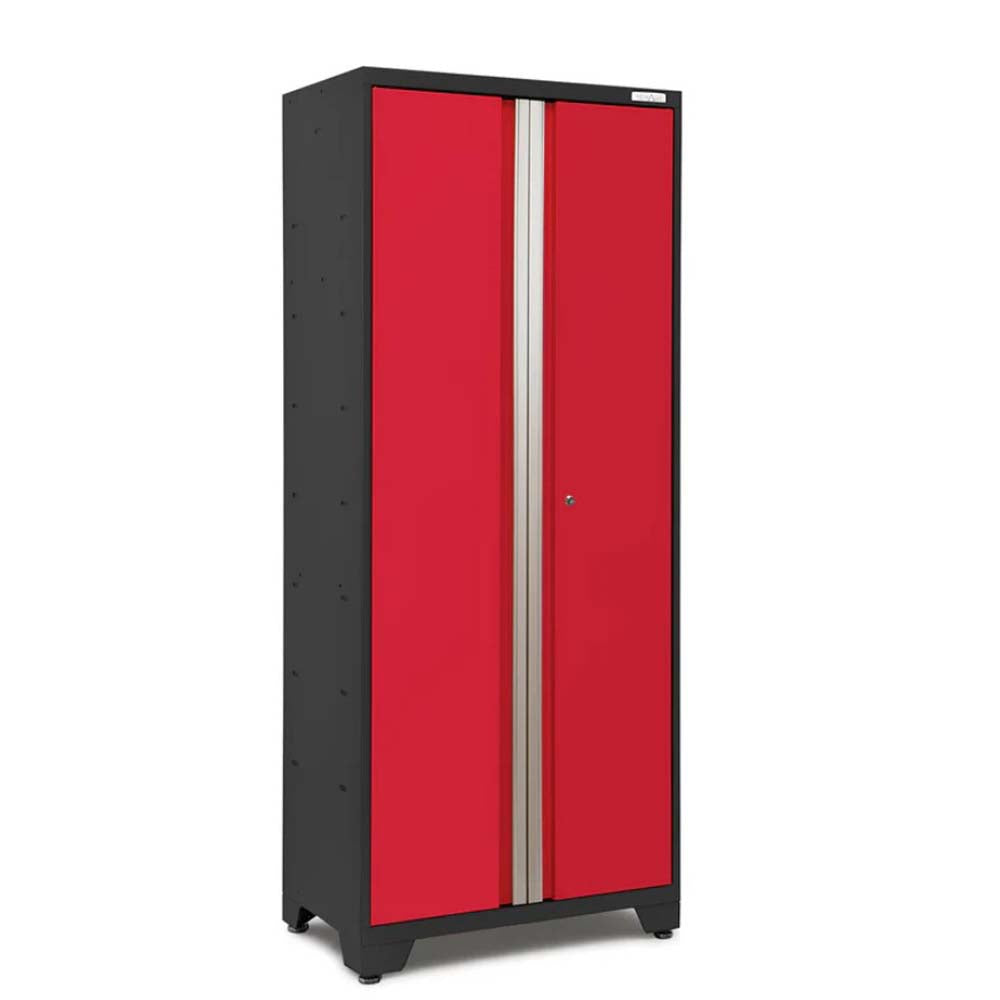 Tall Storage Cabinet With Bright Red Double Doors A Black Frame And A Shiny Silver Vertical Handle Strip In The Center