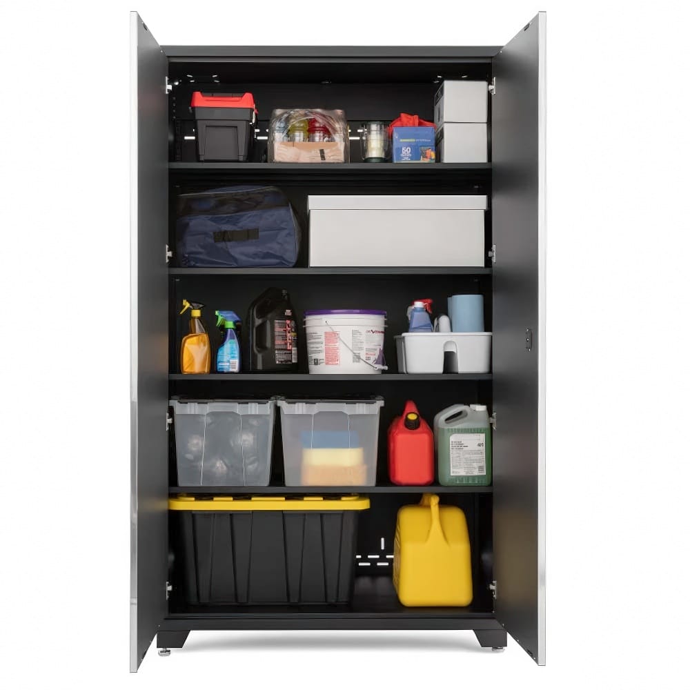 Tall Storage Cabinet With Open Doors Revealing Assorted Tools Containers And Cleaning Supplies On Five Shelves