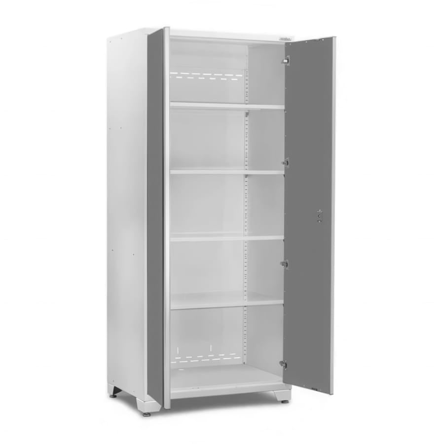 Tall White And Gray Garage Cabinet Open To Show Four Adjustable Empty Shelves