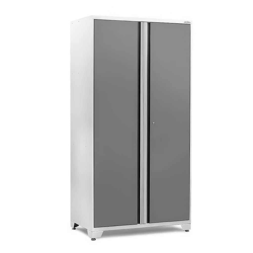 Tall White Metal Storage Cabinet With Dark Gray Double Doors And Central Silver Handle Strip