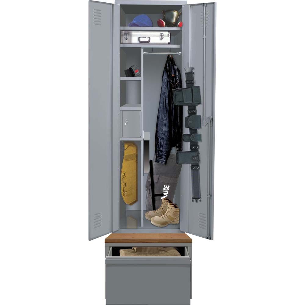 TaskForceXP Emergency Response Locker With Drawer Containing Various Items Such As A Jacket Boots A Baton A Helmet A Shield And A Gun Holster