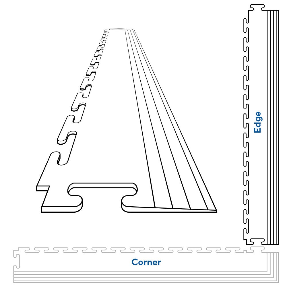 Technical Drawing Of Perfection Tile Interlocking Floor Tile Edge And Corner Components, Featuring Detailed Geometric Shapes And Labeled Sections