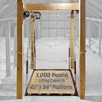 The Attic Lift MiTee Lift Post Style Lift Raised Position 1000lb 42x84 Empty Platform