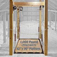 The Attic Lift MiTee Lift Post Style Lift Raised Position 1000lb 42x90 Empty Platform