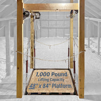 The Attic Lift MiTee Lift Post Style Lift Raised Position 1000lb 48x84 Empty Platform