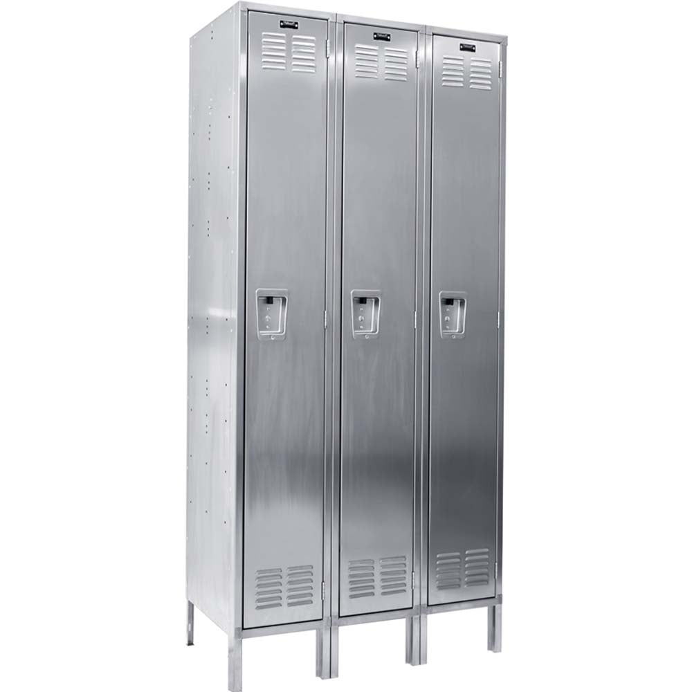 Three Single Tier Locker 3 Wide Hallowell Stainless Steel With Ventilation Slots And Handles