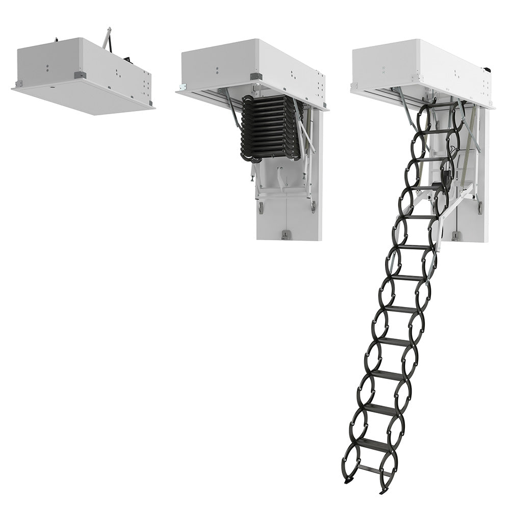 Three Stage View Of Electric Retractable Attic Ladder From Closed Box To Fully Extended Steps