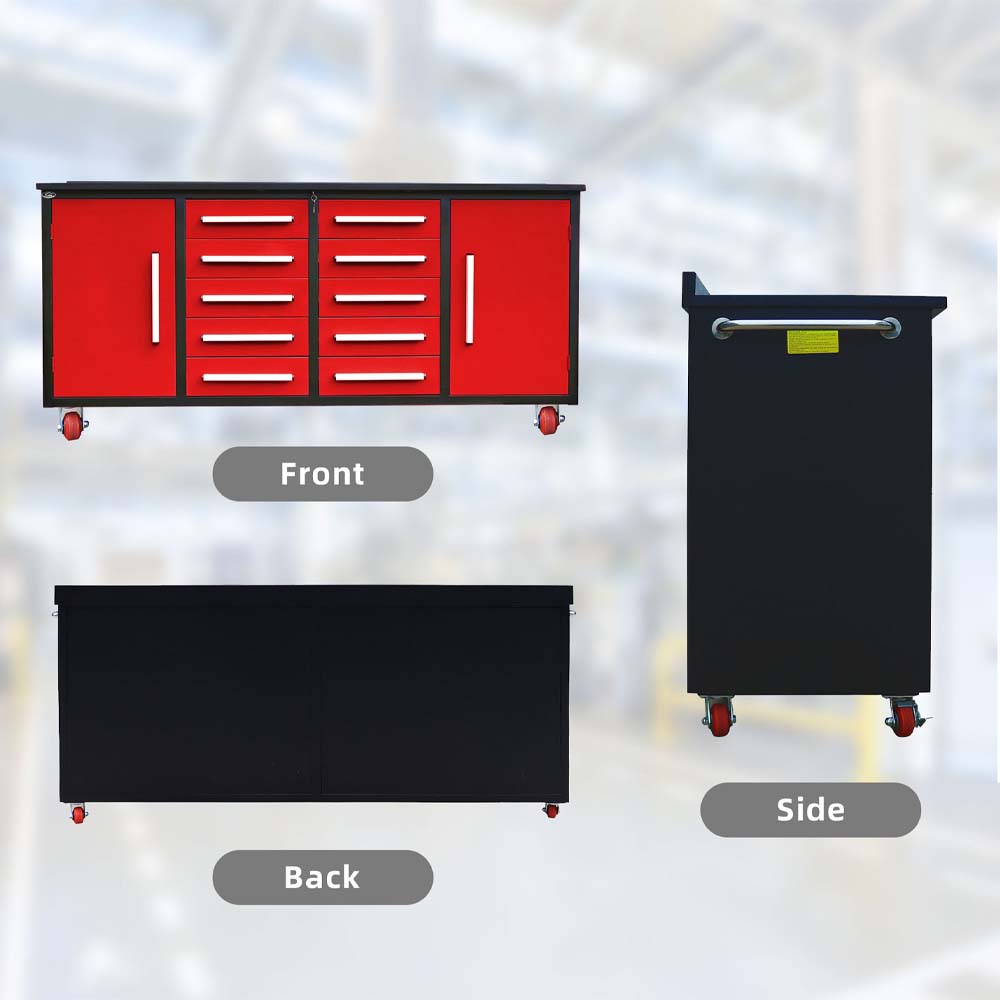 Three View Collage Showing The Front Back And Side Of A Red Rolling Workbench Cabinet