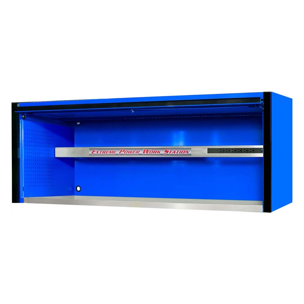 Tool Box Hutch 72 By Extreme Tools In Blue With Its Door Open Revealing A Spacious Interior And A Power Strip On The Right