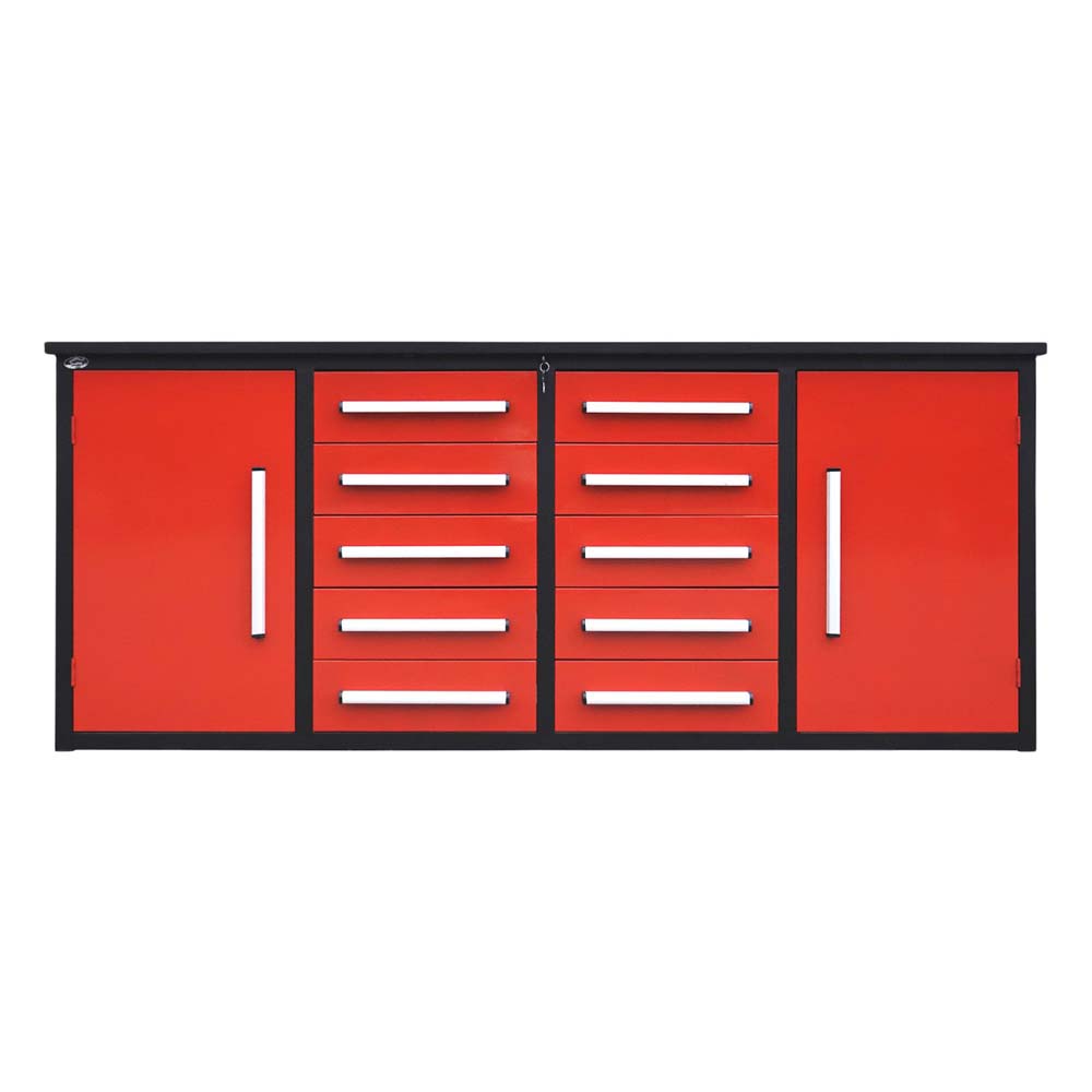 Tool Cabinet With A Black Top Two Side Doors And Eight Center Drawers