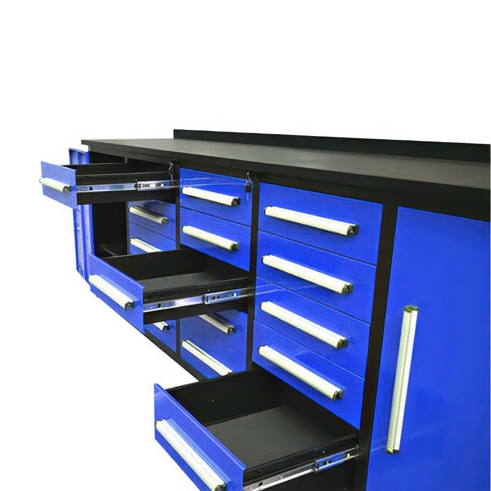 Tool Cabinet With Multiple Drawers Extended On Metal Slides