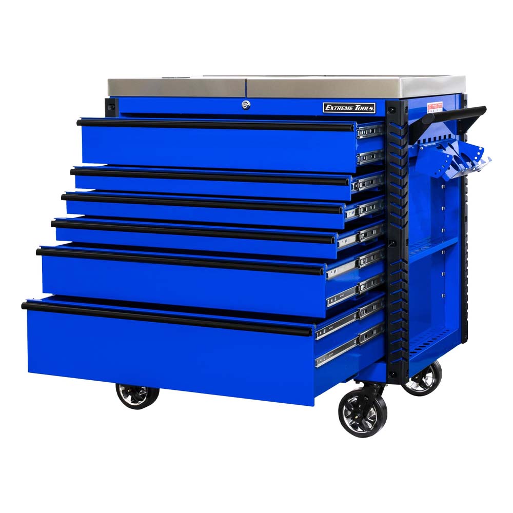 Tool Chest Trolley By Extreme Tools With A Stainless Steel Top Featuring Six Drawers Open At Various Levels And A Side Handle
