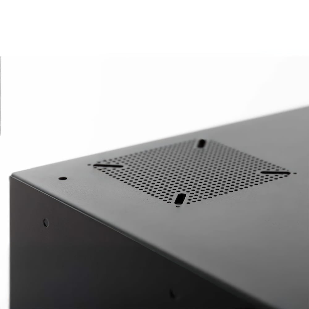 Top Corner View Of Black Metal Cabinet With Perforated Ventilation Panel And Mounting Holes