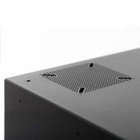 Top Corner View Of Black Metal Cabinet With Perforated Ventilation Panel And Mounting Holes