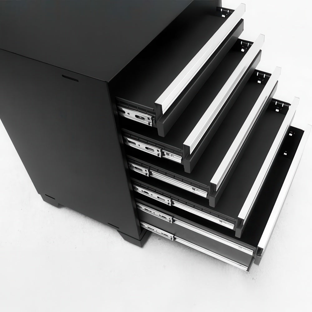 Top View Of A Black Tool Cabinet With Multiple Metal Handled Drawers Extended On Smooth Slides