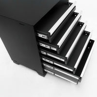 Top View Of A Black Tool Cabinet With Multiple Metal Handled Drawers Extended On Smooth Slides