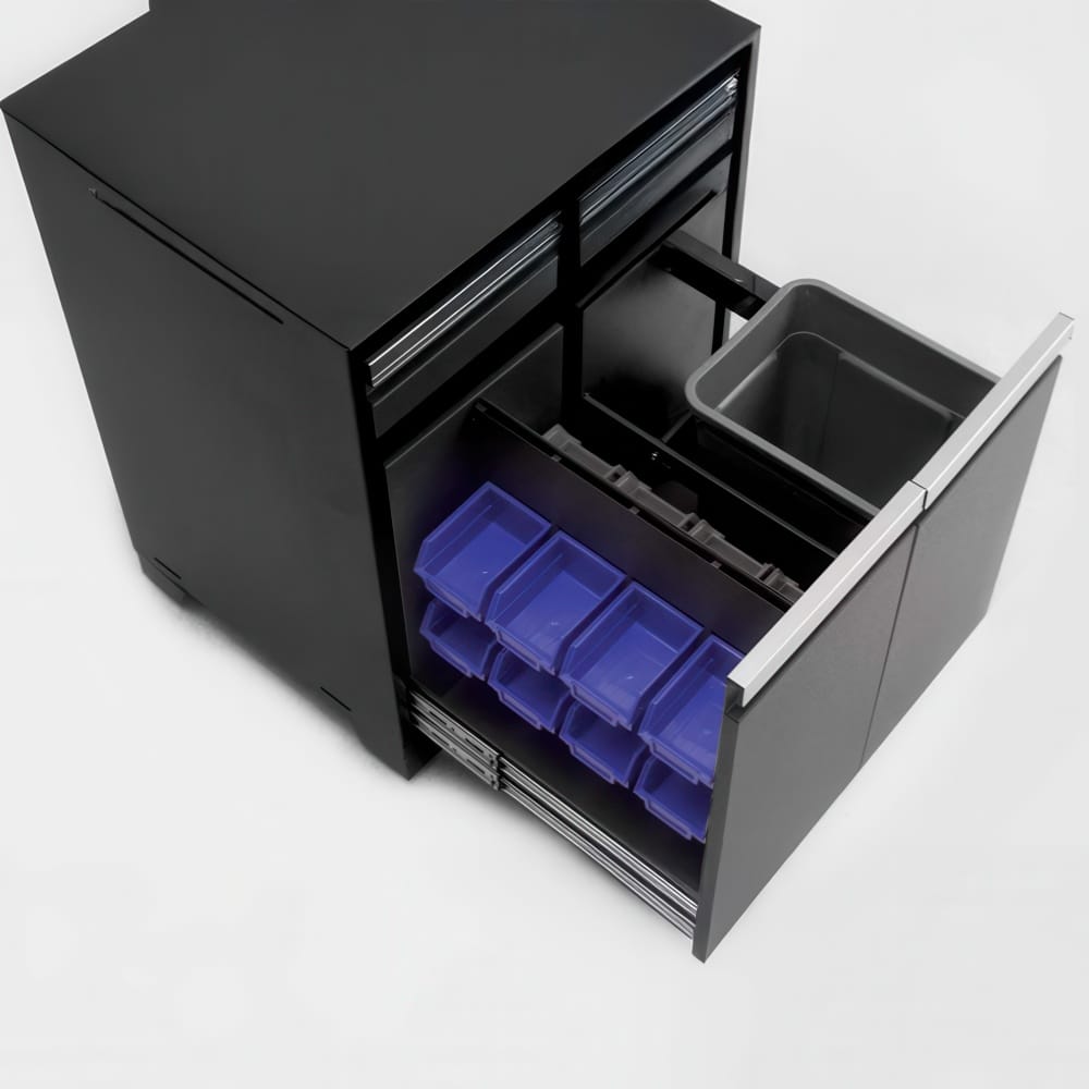 Top View Of Black Multifunction Cabinet With Pull Out Drawer Holding Grey Bin And Multiple Blue Organizer Containers
