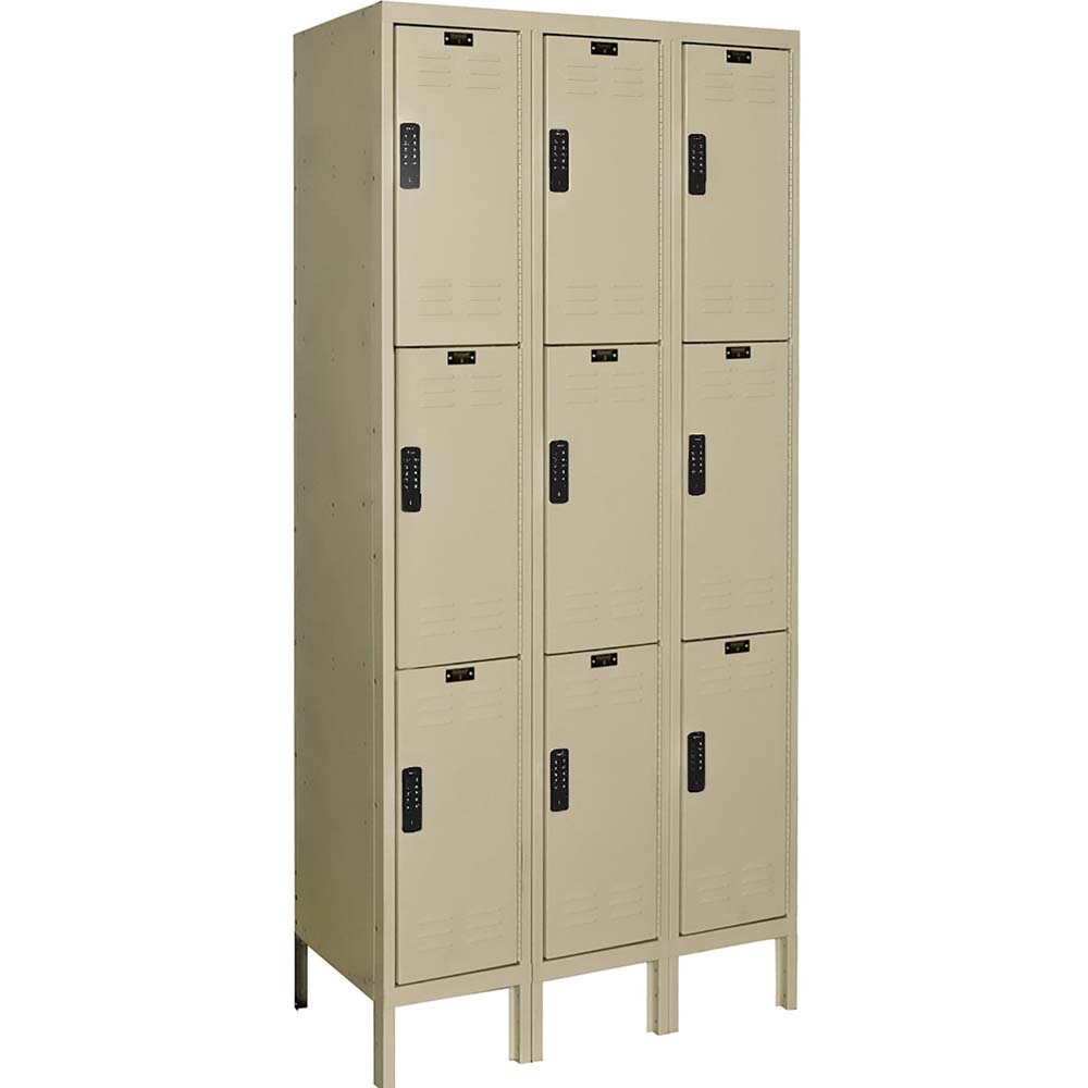 Triple-Tier Electronic Locker Unassembled Each With Three Vertically Stacked Compartments Featuring Digital Keypad Locks