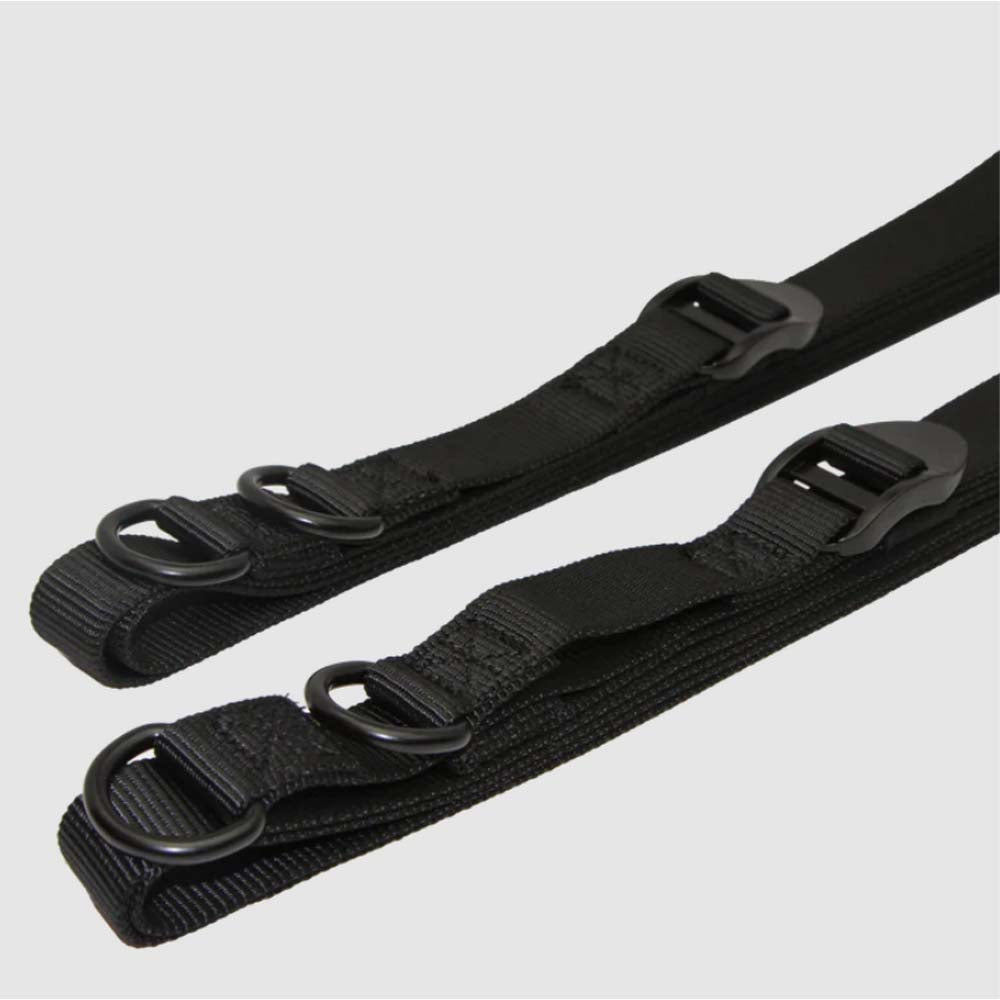 Two Black Adjustable Straps With Metal Rings And Plastic Buckles