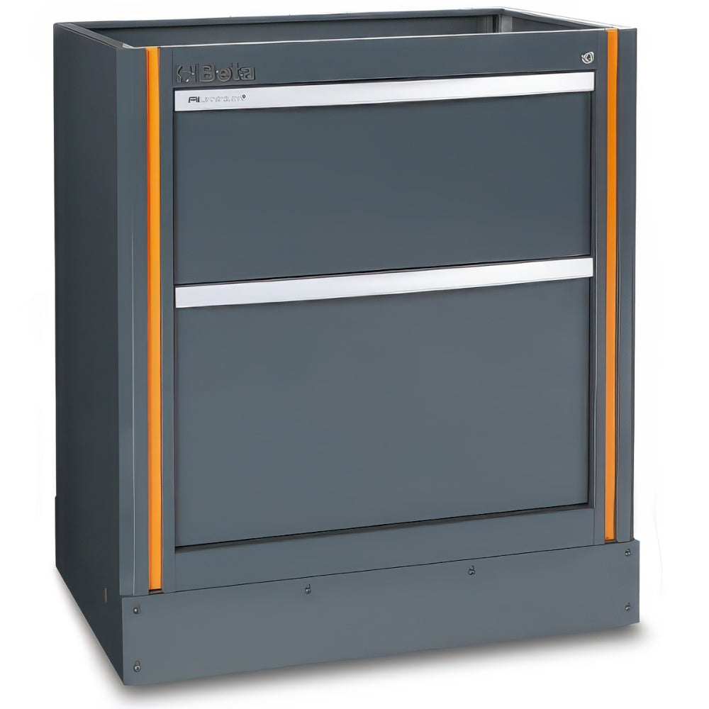 Two Drawer Gray Beta Base Cabinet With Wide Silver Handles Orange Side Strips And A Recessed Top Tray