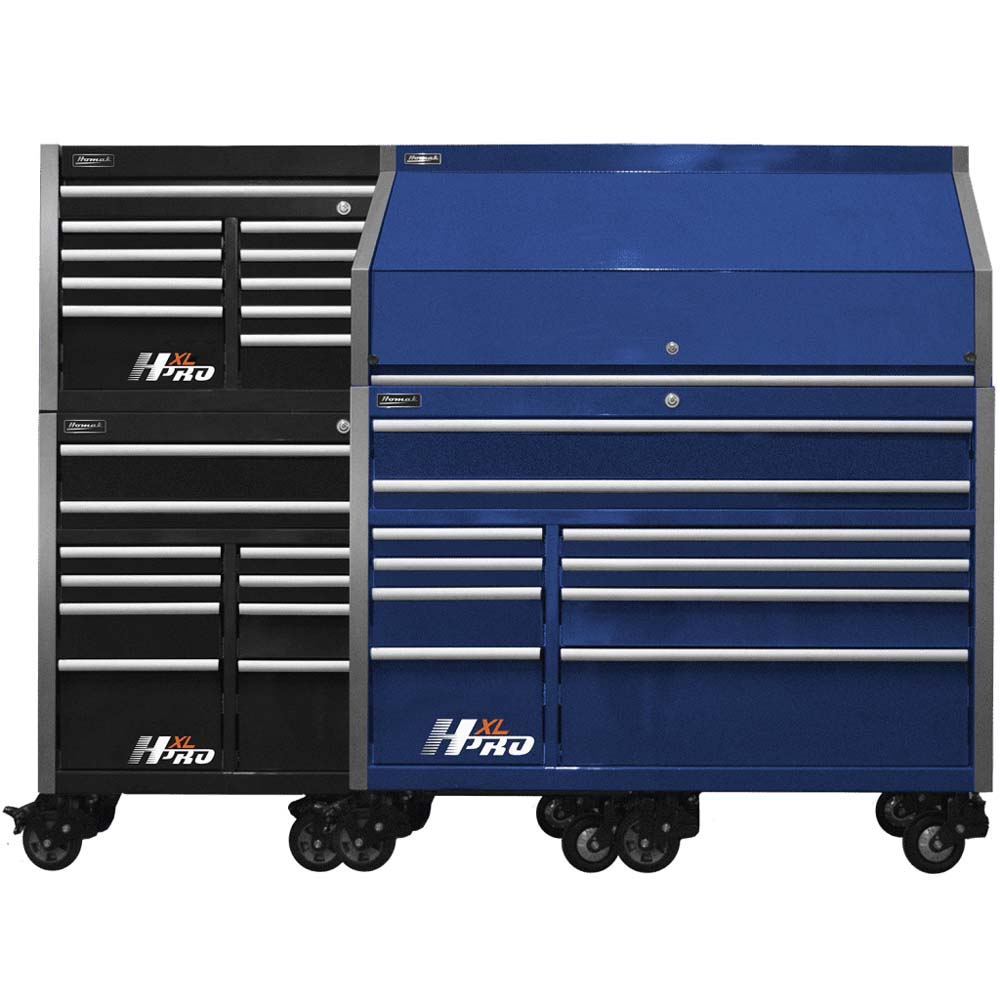 Two Homak 60 Big Dawg Roller Cabinet With Multiple Drawers, One In Black And The Other In Blue