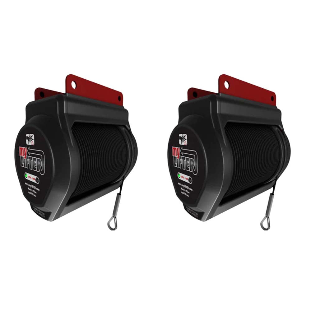 Two Identical Black And Red Cable Winches Of Electrical Lifts For Garage Storage By SmarterHome Each Equipped With Hook And Control Lights