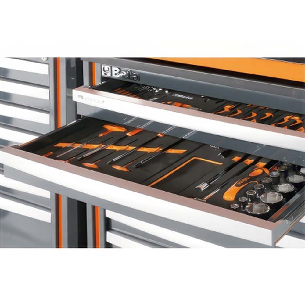 Two Open Gray Beta Tool Cabinet Drawers Display Orange And Black Hand Tools Organized In Custom Foam Inserts