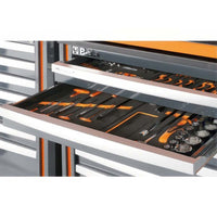 Two Open Gray Beta Tool Cabinet Drawers Display Orange And Black Hand Tools Organized In Custom Foam Inserts