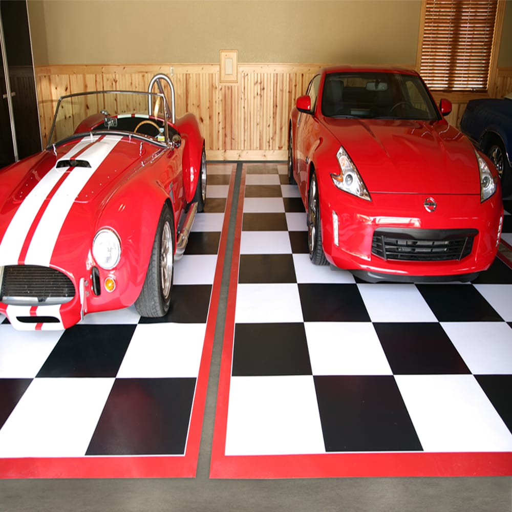 Two Sports Car Are Parked Side By Side On A Bold Black And White Checkered Parking Pad By G-Floor