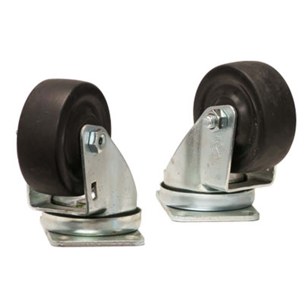 Two Stationary Casters With Black Rubber Wheels And Metal Mounting Plates