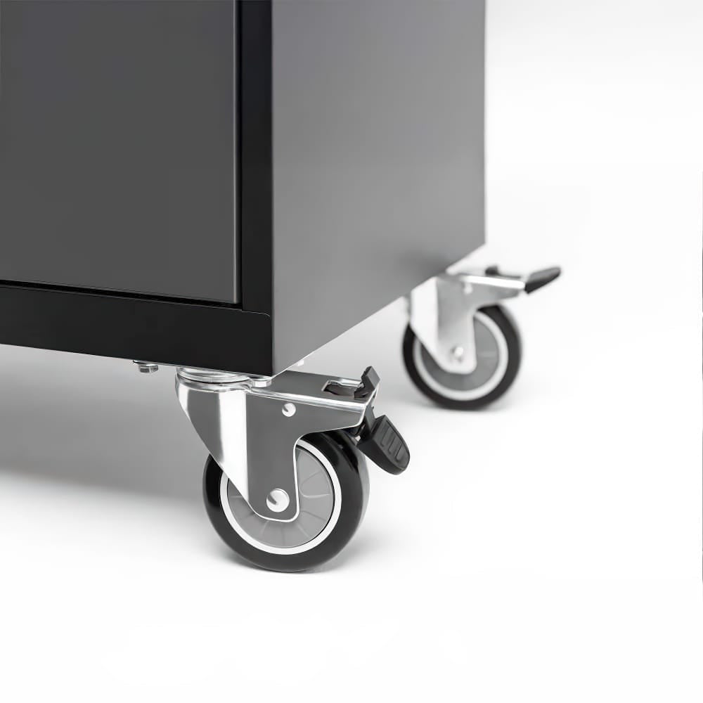 Two Swivel Caster Wheels With Integrated Locking Mechanisms Attached To The Bottom Of A Black Metal Cabinet