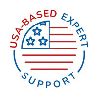 Symbolwith 'USA-Based Expert Support' text and American flag design.