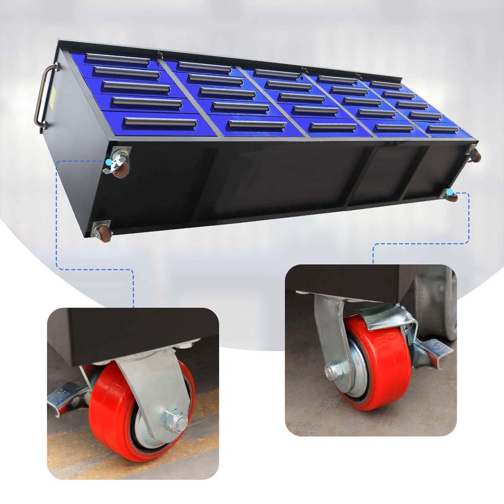 Underside View Of A Blue Drawer Workbench Highlights Heavy Duty Red Caster Wheels