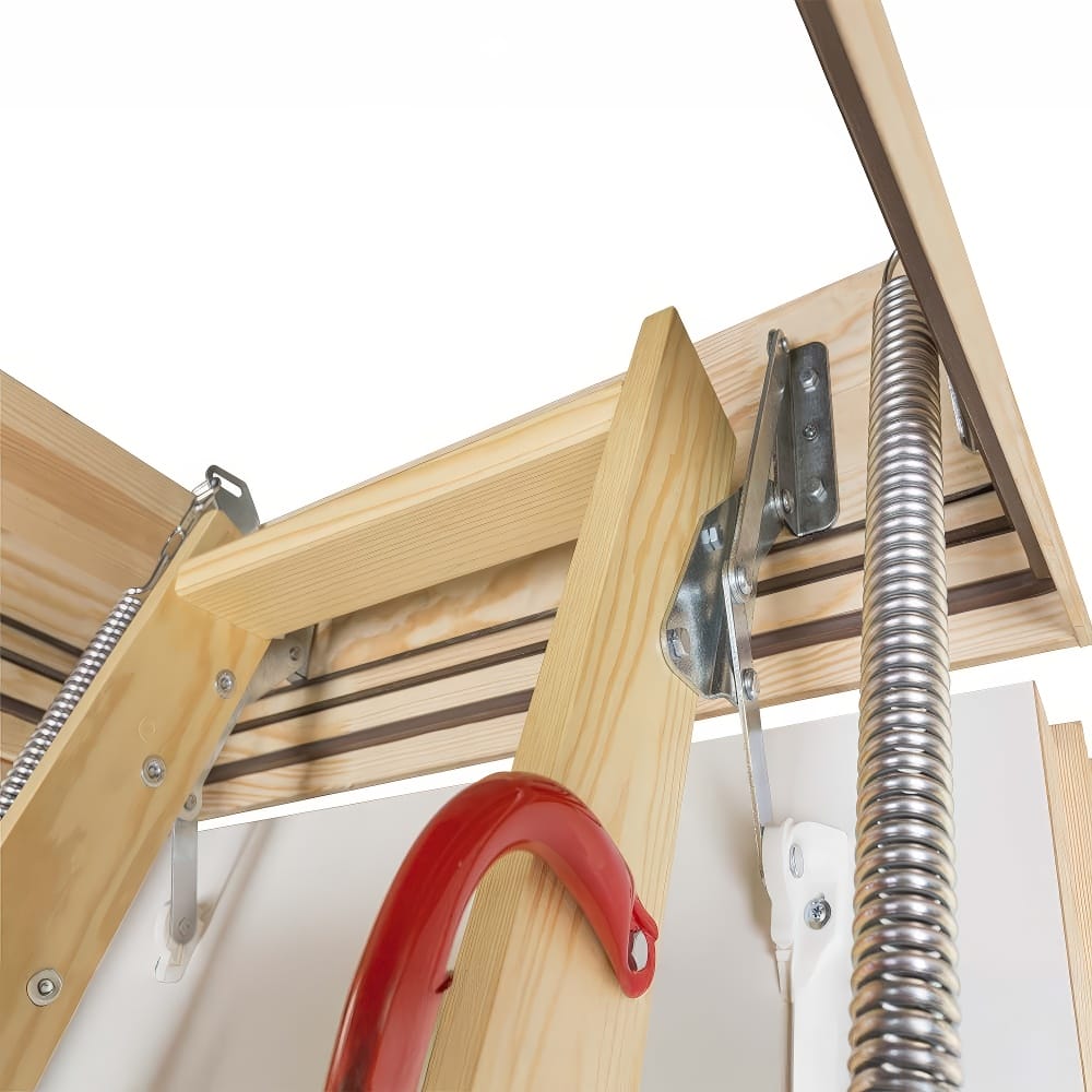 Upper Part Of A Wooden Attic Ladder With A Metal Spring And Support Brackets