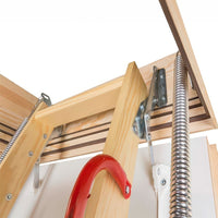 Upper Part Of A Wooden Attic Ladder With A Metal Spring And Support Brackets