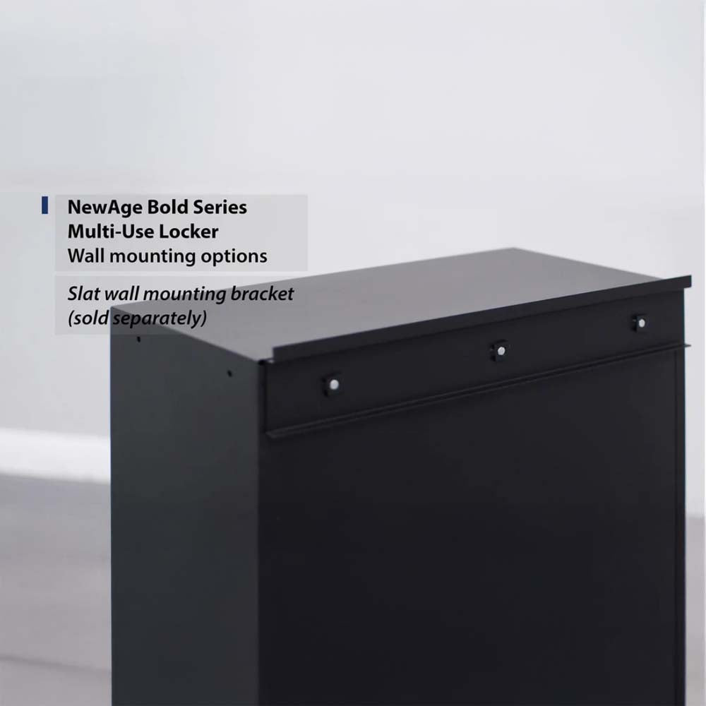 Upper Rear Portion Of A Black Locker Unit Featuring Pre-Drilled Holes And A Top Bracket Designed