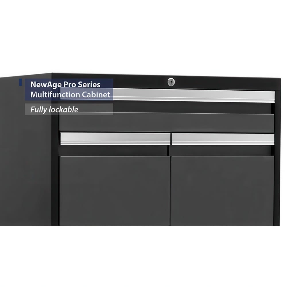 Upper Section Of NewAge Pro Series Multifunction Cabinet Shows Lockable Top Drawer