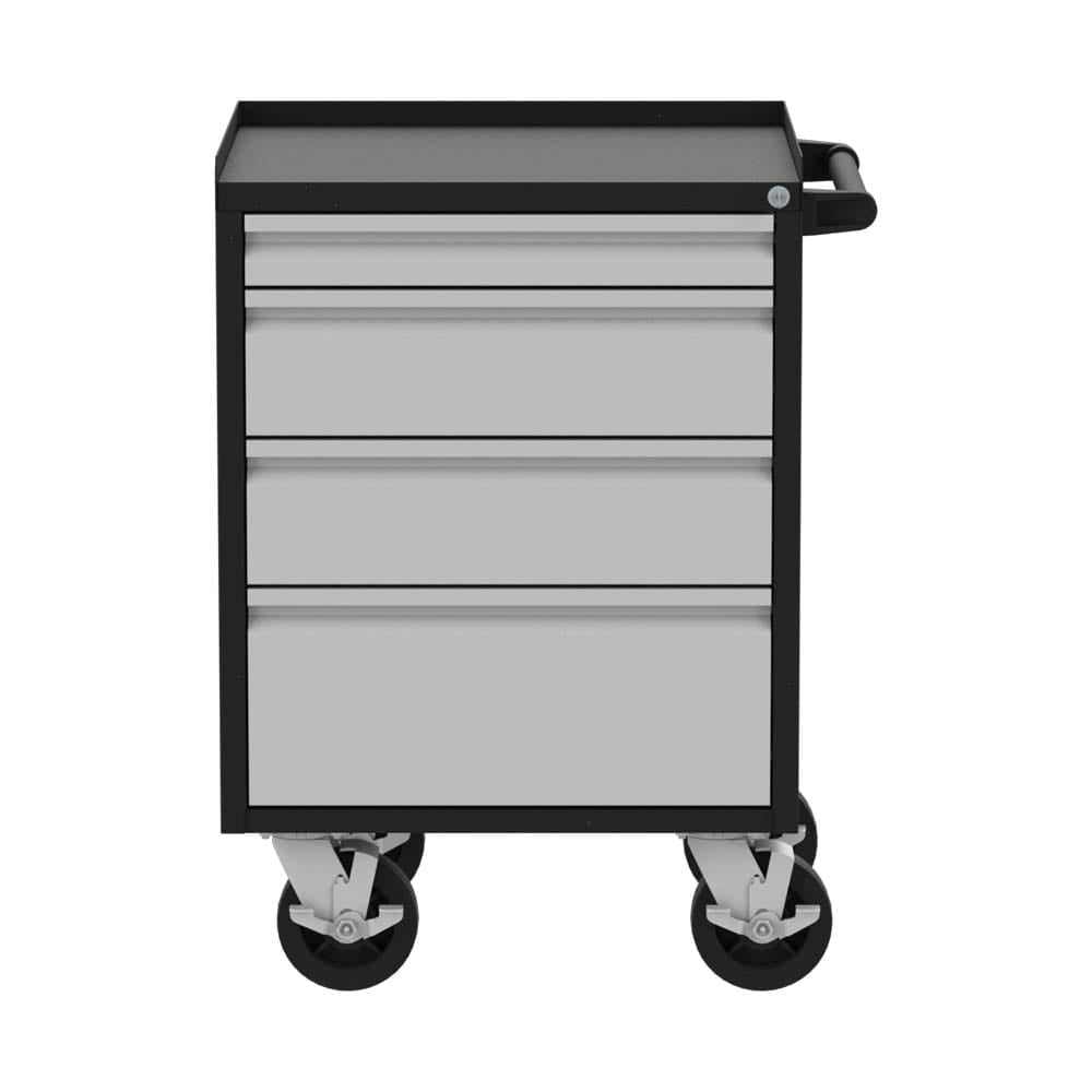 Valley Craft 24 Inch Workbench With A Black Frame And Gray Drawers Equipped With Large Swivel Casters And A Side Handle