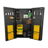 Valley Craft 9 Shelves F89385BK With Open Doors Featuring Shelves Containing Tools And Various Small Items In Yellow Bins Attached To The Doors